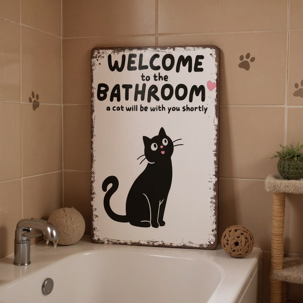 Vintage Black & White Humor Metal Sign - "Welcome To The Bathroom" - BW063