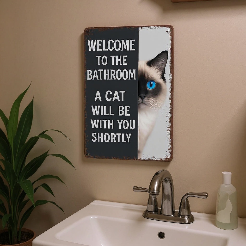 Vintage Cat Humor Metal Sign - "Welcome To The Bathroom" - BW058