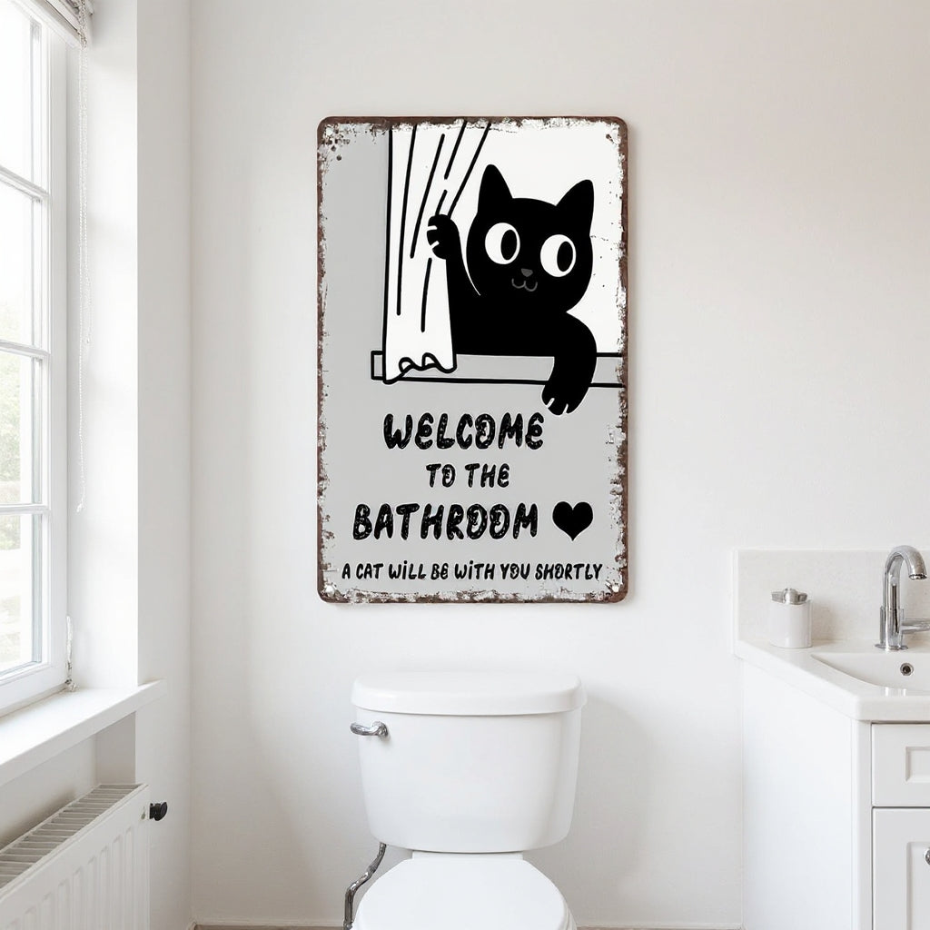 Vintage Black & White Humor Metal Sign - "Welcome To The Bathroom" - BW060