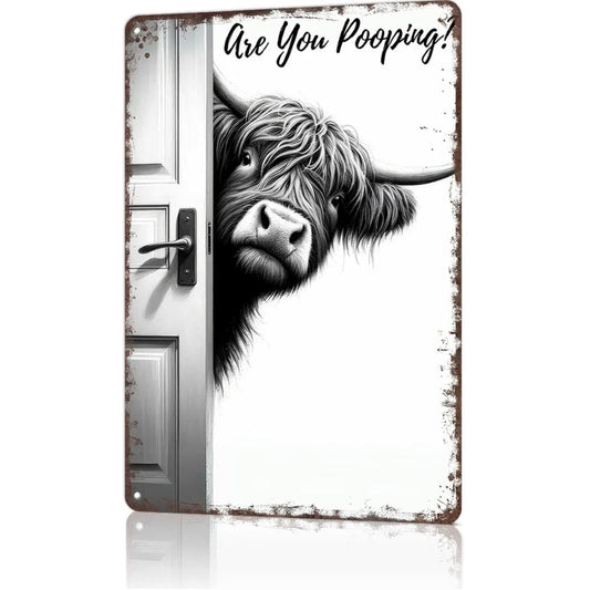 Vintage Highland Cow Metal Sign – Funny "Are You Pooping?" Wall Decor - BW011