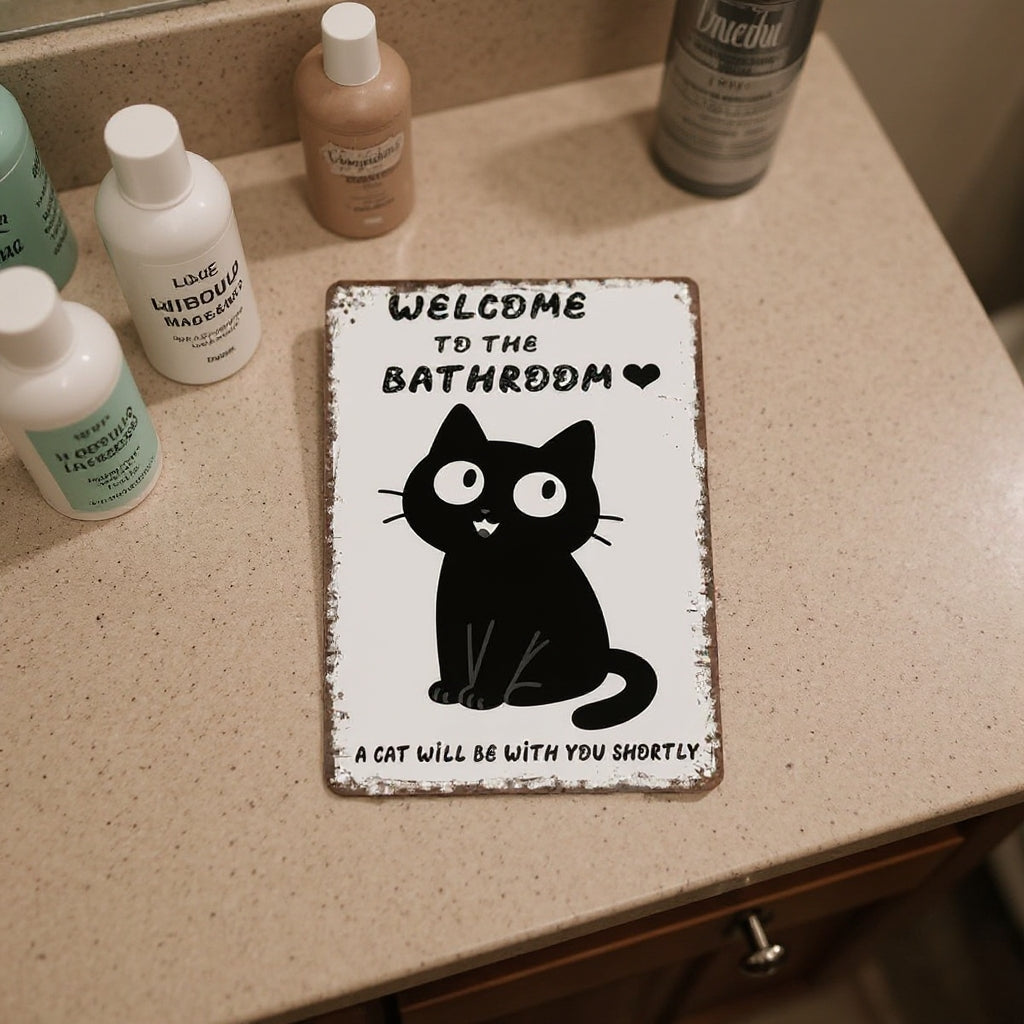 Vintage Black & White Humor Metal Sign - "Welcome To The Bathroom" - BW062