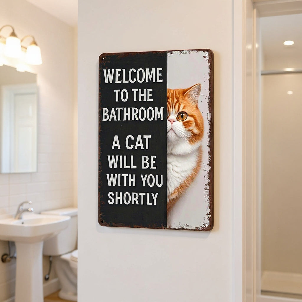 Vintage Cat Humor Metal Sign - "Welcome To The Bathroom" - BW059