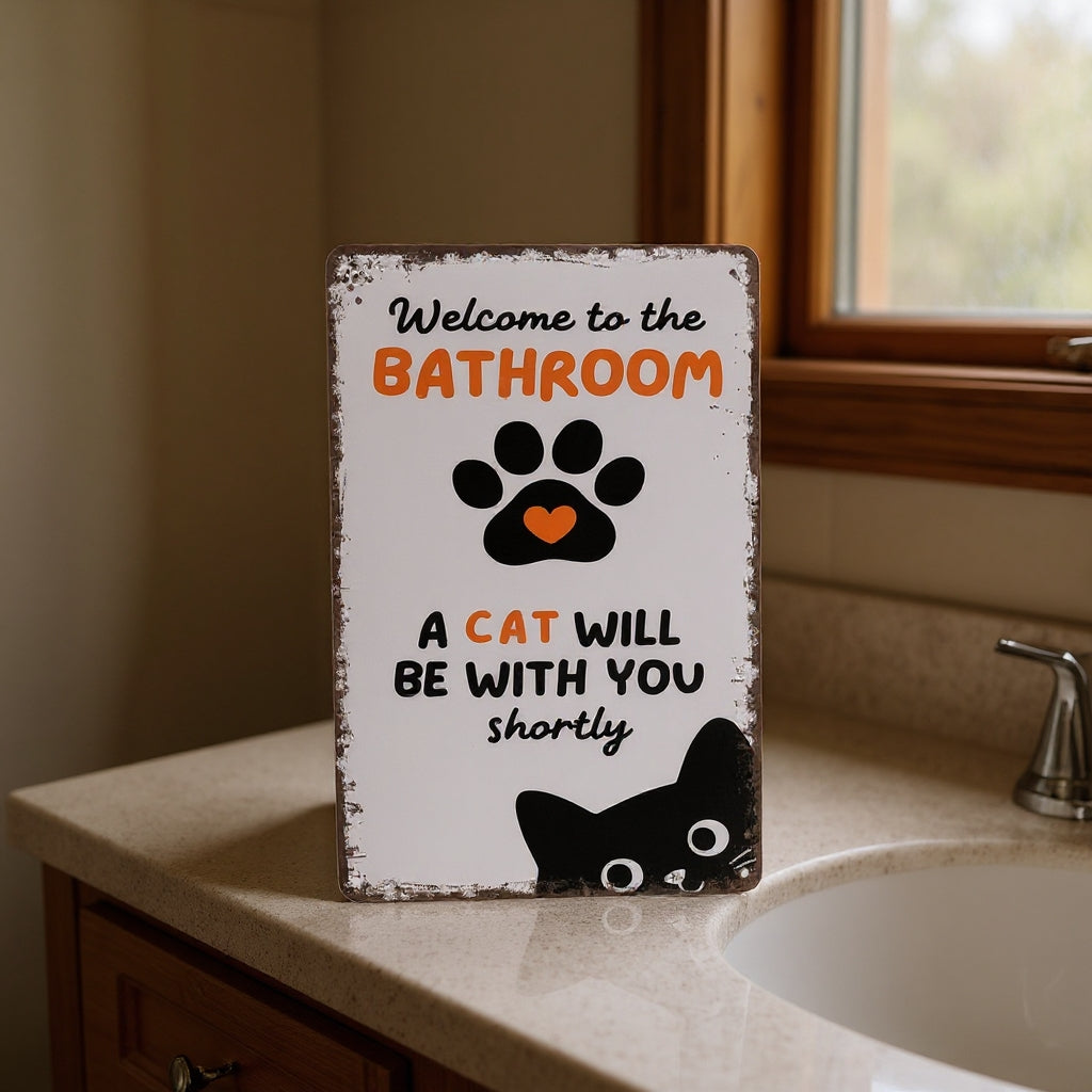 Vintage Black & White Humor Metal Sign - "Welcome To The Bathroom" - BW052
