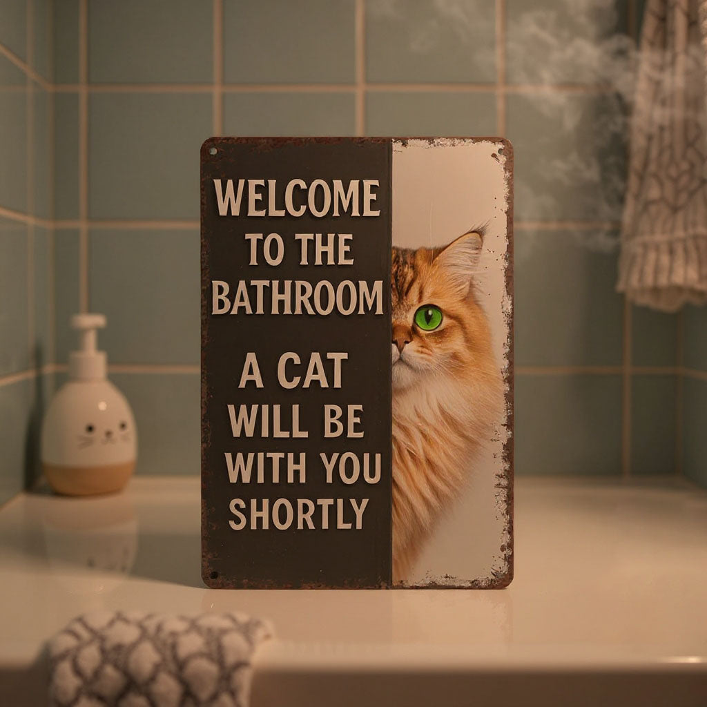 Vintage Cat Humor Metal Sign - "Welcome To The Bathroom" - BW057