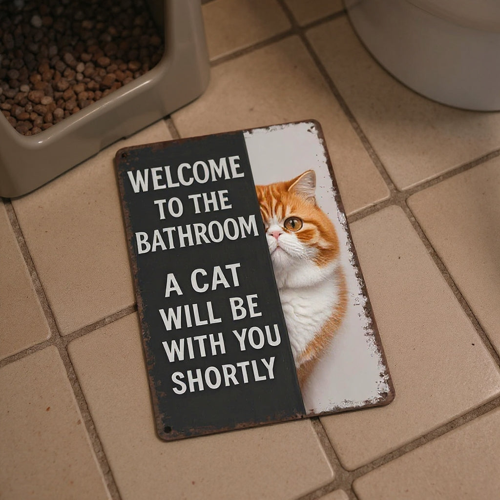 Vintage Cat Humor Metal Sign - "Welcome To The Bathroom" - BW059