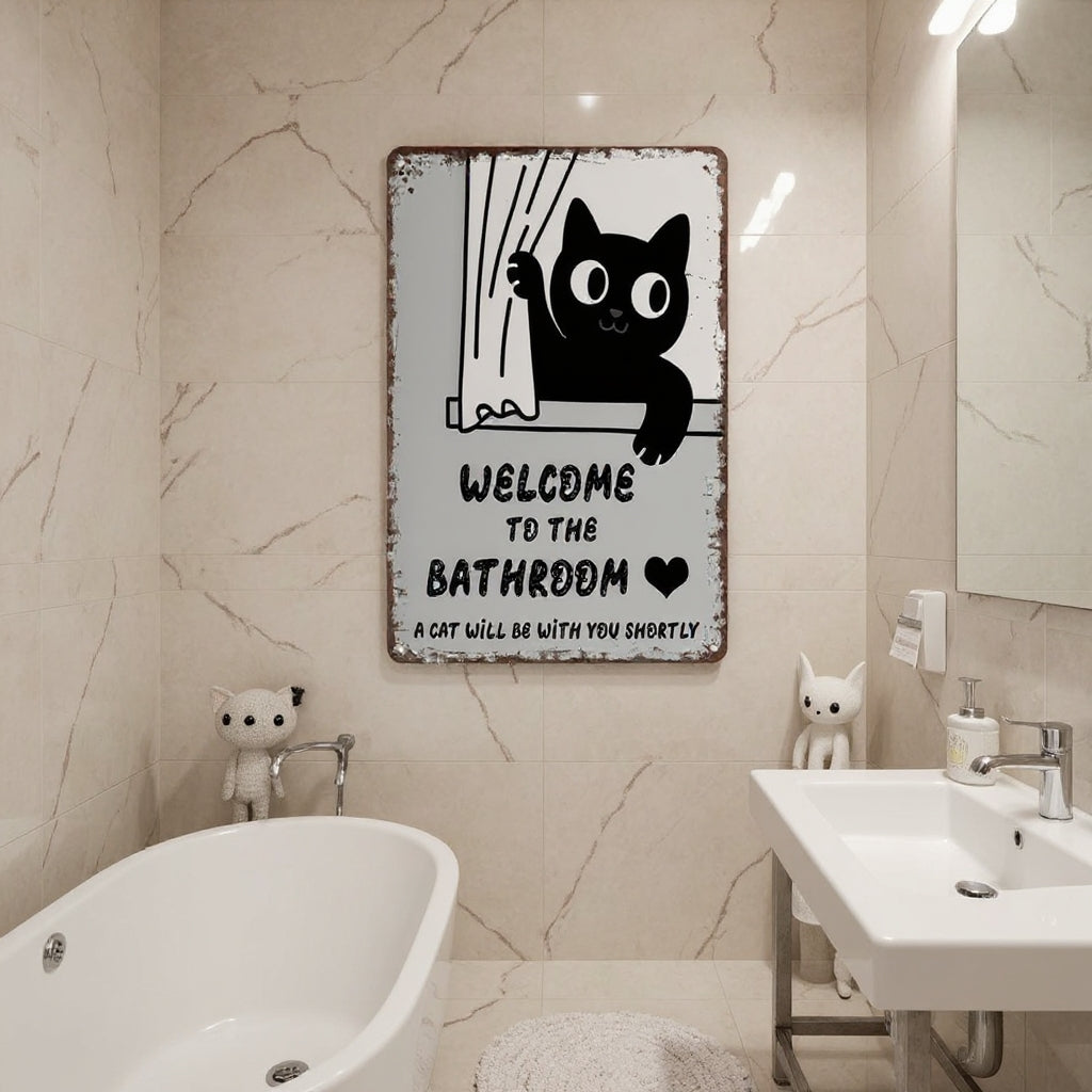 Vintage Black & White Humor Metal Sign - "Welcome To The Bathroom" - BW060