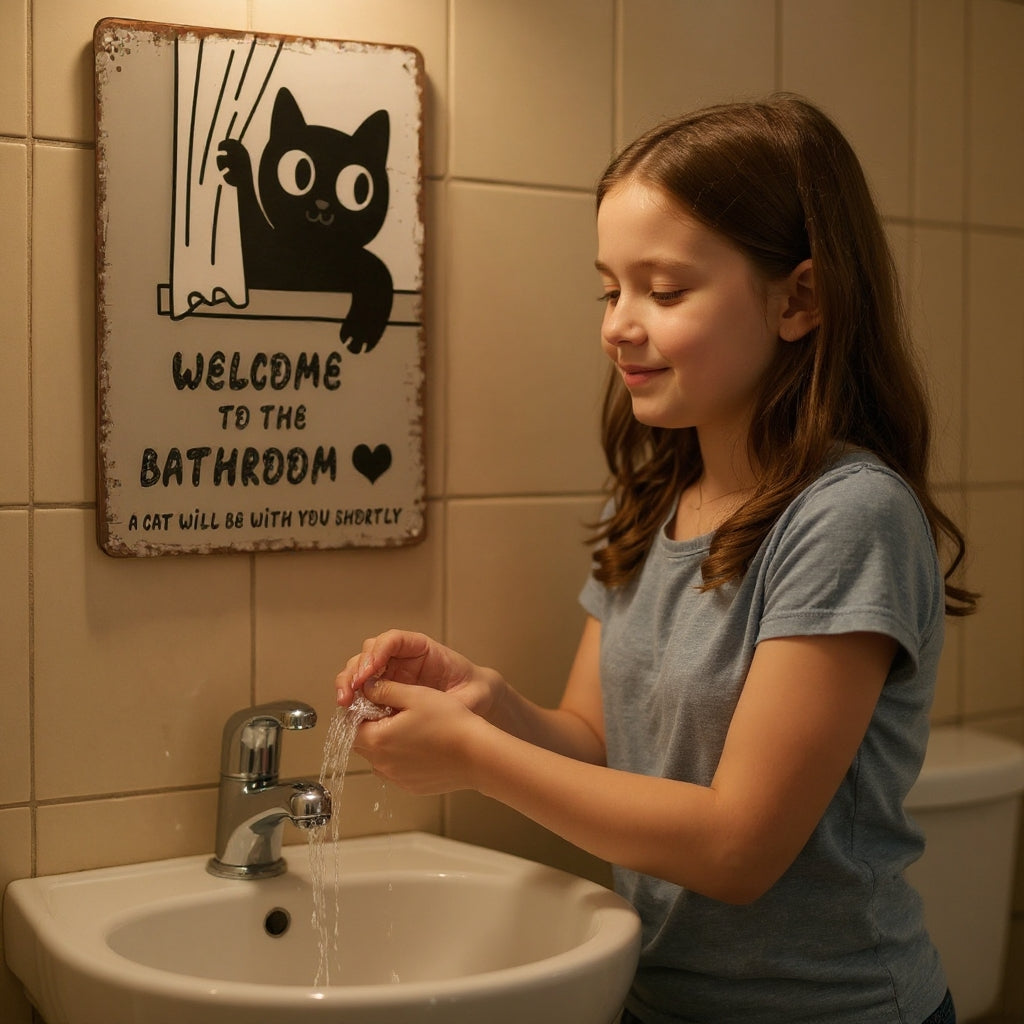 Vintage Black & White Humor Metal Sign - "Welcome To The Bathroom" - BW060