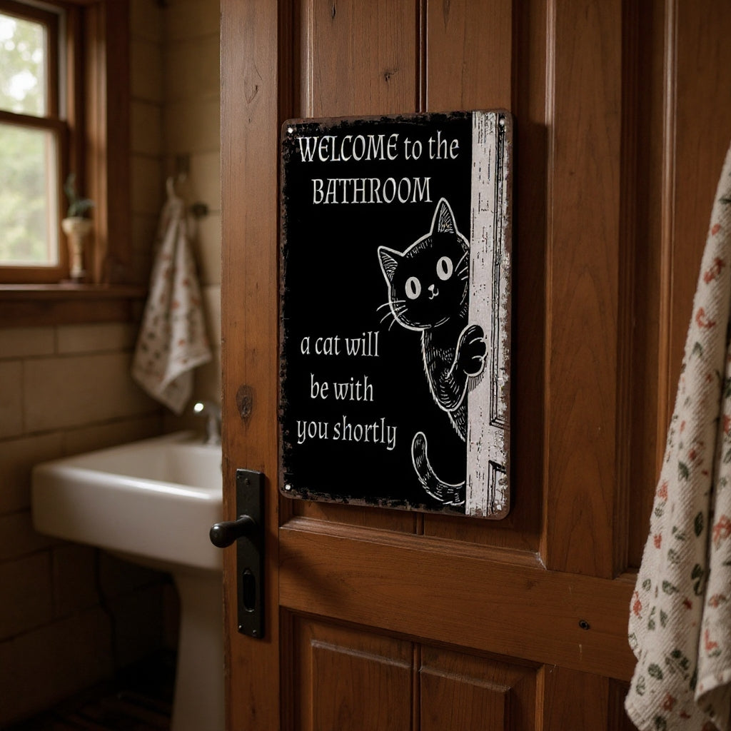 Vintage Black & White Humor Metal Sign - "Welcome To The Bathroom" - BW061