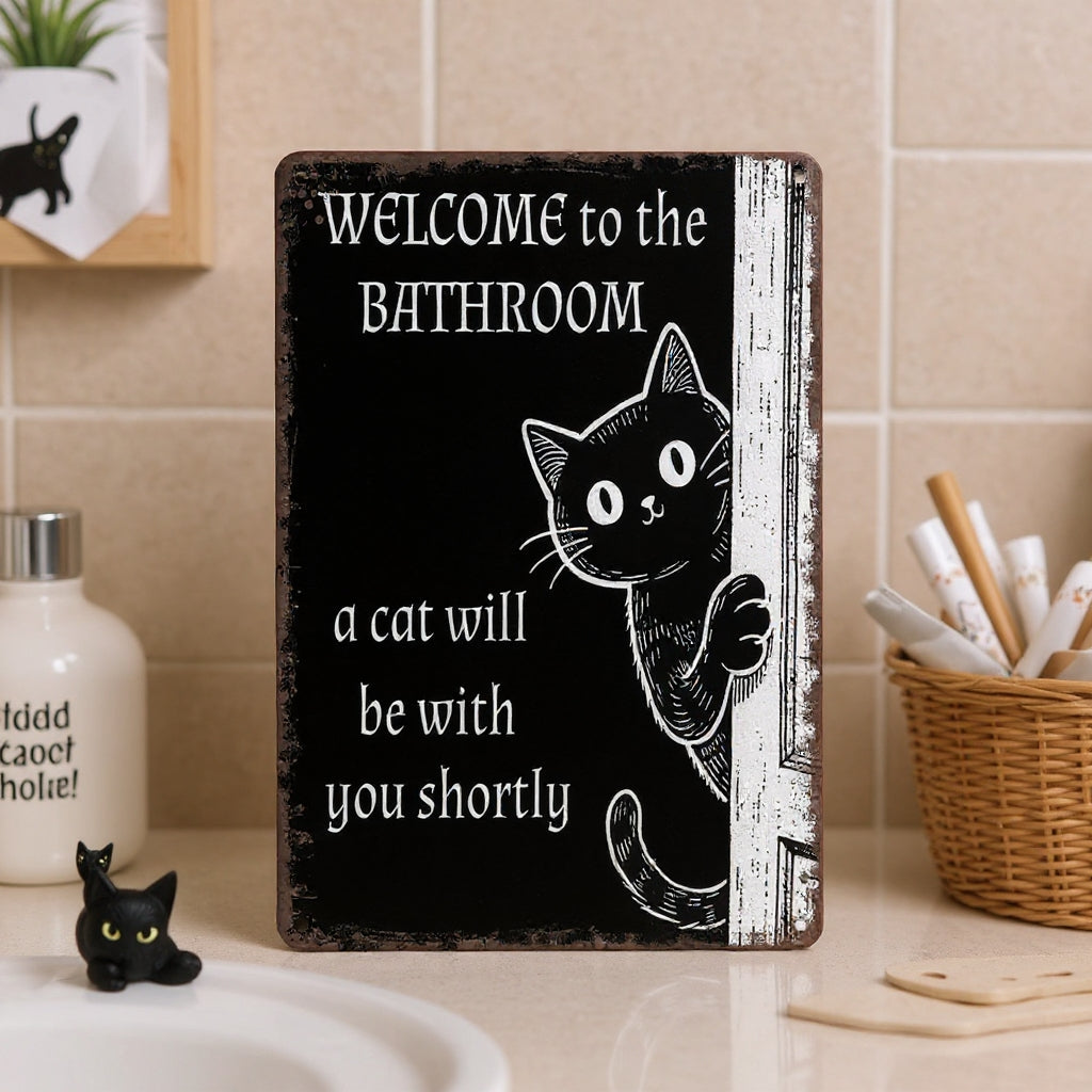 Vintage Black & White Humor Metal Sign - "Welcome To The Bathroom" - BW061