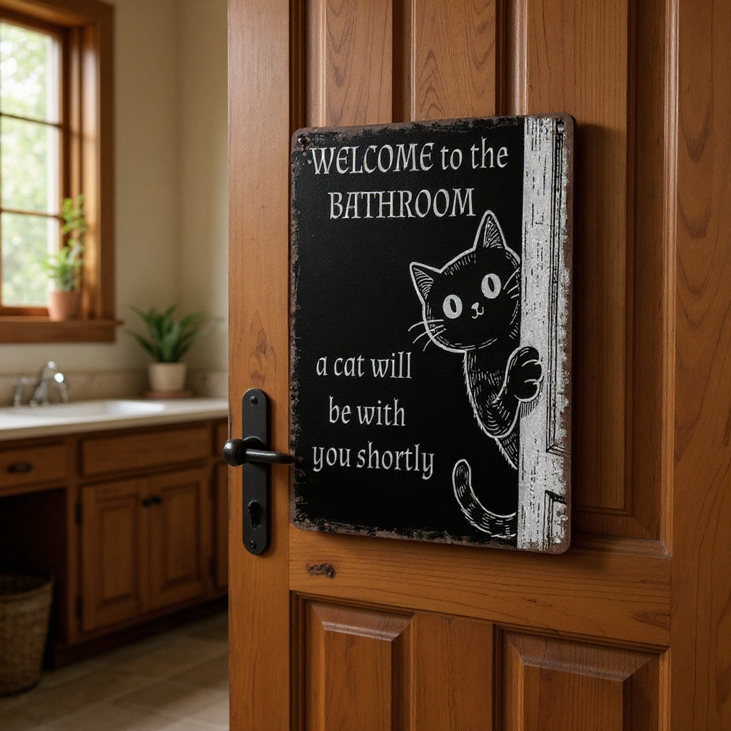 Vintage Black & White Humor Metal Sign - "Welcome To The Bathroom" - BW061