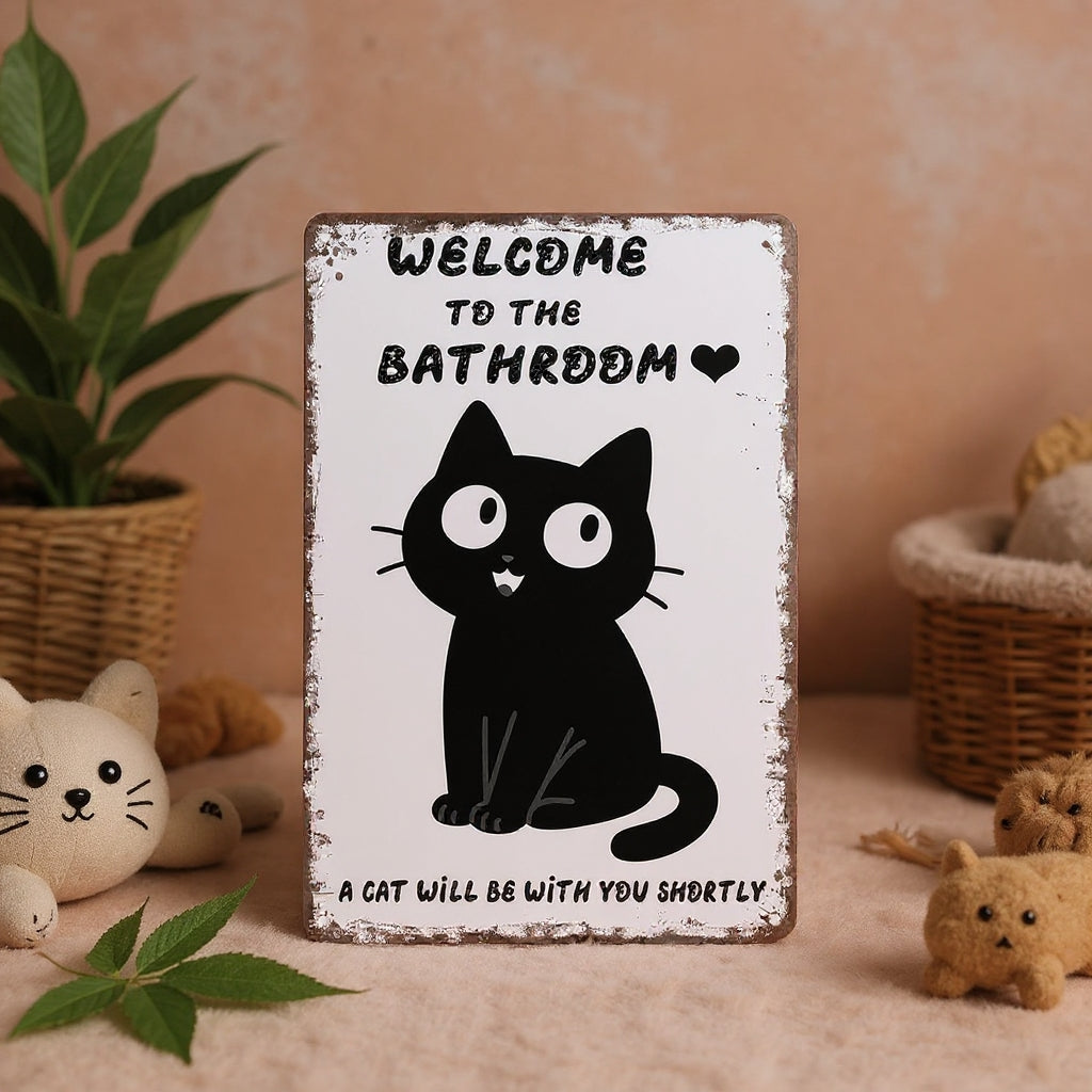 Vintage Black & White Humor Metal Sign - "Welcome To The Bathroom" - BW062